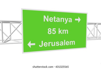 three-dimensional illustration of a road sign with directions: Jerusalem; Netanya; distance