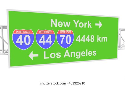 three-dimensional illustration of a road sign with directions: New York; Los Angeles