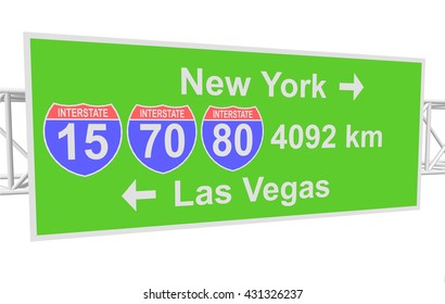 three-dimensional illustration of a road sign with directions: New York; Las Vegas