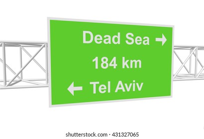 three-dimensional illustration of a road sign with directions: Tel Aviv; Dead Sea; distance