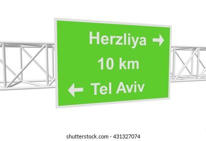 three-dimensional illustration of a road sign with directions: Tel Aviv; Herzliya; distance