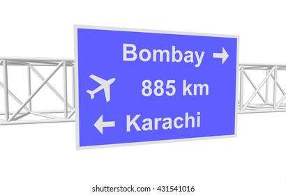 three-dimensional illustration of a road sign with directions: Bombay; Karachi; distance