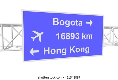 three-dimensional illustration of a road sign with directions: Bogota; Hong Kong; distance