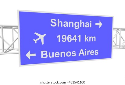 three-dimensional illustration of a road sign with directions: Shanghai; Buenos Aires; distance