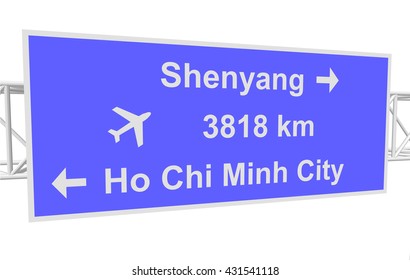 three-dimensional illustration of a road sign with directions: Shenyang; Ho Chi Minh City; distance