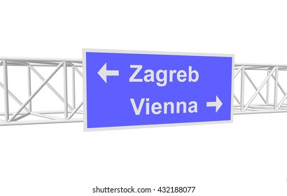 three-dimensional illustration of a road sign with directions: Zagreb; Vienna