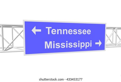 three-dimensional illustration of a road sign with directions: Tennessee; Mississippi