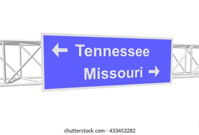 three-dimensional illustration of a road sign with directions: Tennessee; Missouri