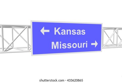 three-dimensional illustration of a road sign with directions: Kansas; Missouri