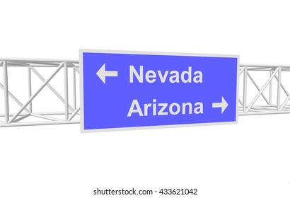 three-dimensional illustration of a road sign with directions: Nevada; Arizona