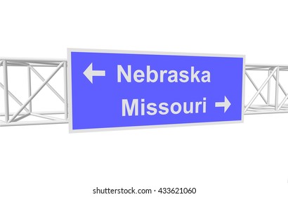 three-dimensional illustration of a road sign with directions: Nebraska; Missouri