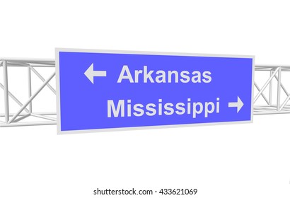 three-dimensional illustration of a road sign with directions: Arkansas; Mississippi