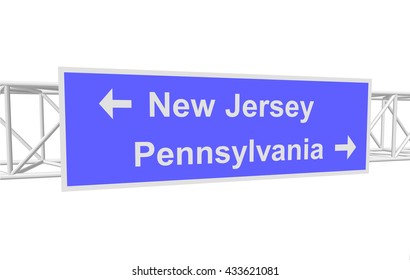 three-dimensional illustration of a road sign with directions: New Jersey; Pennsylvania