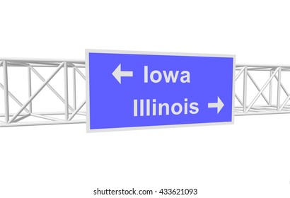 three-dimensional illustration of a road sign with directions: Iowa; Illinois