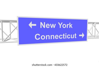 three-dimensional illustration of a road sign with directions: New York; Connecticut