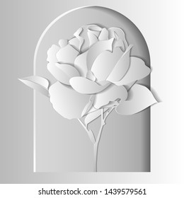 Three-dimensional illustration. Rose carved from white paper in the design of the paper frame.