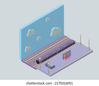 Three-dimensional illustration of a station platform with a stopped train. Isometric illustration of a pop image in pastel colors. Transportation concept.