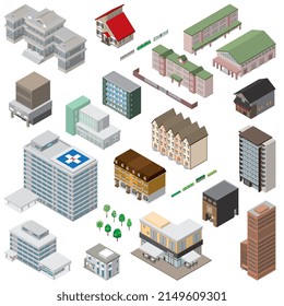 Three-dimensional illustrations of various buildings. Exterior view of the building.