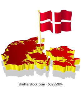 three-dimensional image map of Denmark with the national flag