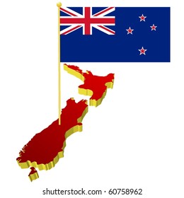 three-dimensional image map of New Zealand with the national flag