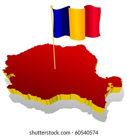 three-dimensional image map of Romania with the national flag
