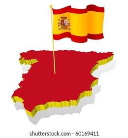 three-dimensional image map of Spain with the national flag