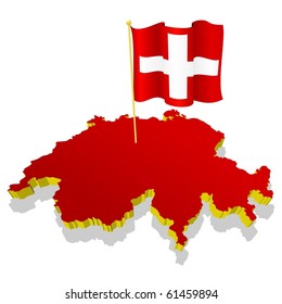 three-dimensional image map of Switzerland with the national flag