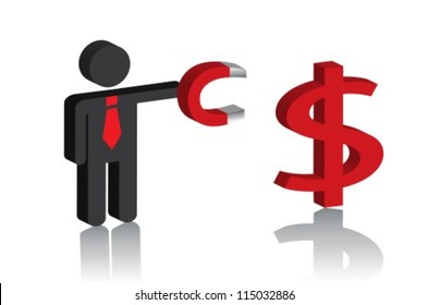 three-dimensional image which man magnet draws to itself the dollar sign.