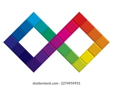 Three-dimensional, Infinity symbol infographic made up of rainbow colored hue circles. Graphic material
