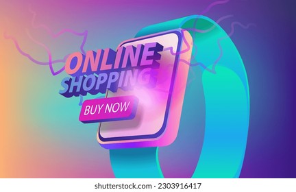 Three-dimensional inscription Online shopping on the screen of a smart watch. Vector banner