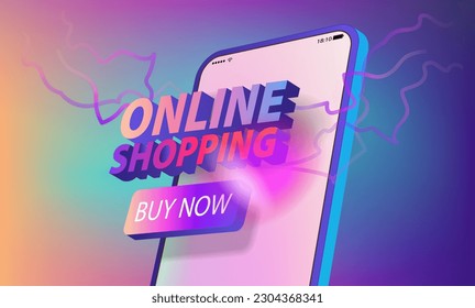 Three-dimensional inscription online shopping on the mobile phone screen. Vector banner