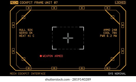 Three-dimensional interface technology, science fiction scene. Mech cockpit window frame on black with armoured surround, bolt plates and hydraulic struts, sci fi vehicle interface template