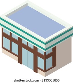 Three-dimensional, isometric convenience store exterior illustration for use in infographics. Three-dimensional icon material.