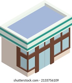 Three-dimensional, isometric convenience store exterior illustration for use in infographics. Three-dimensional icon material. Right facing.