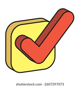 Three-dimensional isometric cute checkmark icon. Red and yellow.