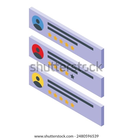 Threedimensional isometric design of user reviews with star ratings and profile icons