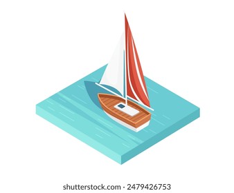 Three-dimensional isometric view of modern boat ship on water vector illustration isolated on white background