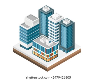 Three-dimensional isometric view showcasing buildings. Urban modern city design, vector illustration isolated on white background