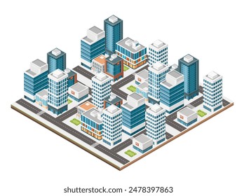 Three-dimensional isometric view showcasing bustling streets, towering skyscrapers. Urban modern city design, vector illustration isolated on white background