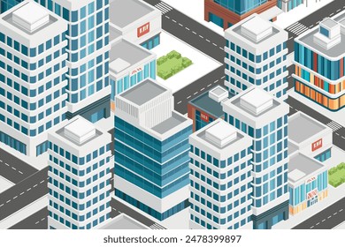 Three-dimensional isometric view showcasing bustling streets, towering skyscrapers. Urban modern city design, vector illustration