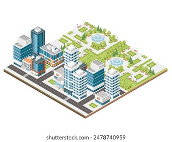 Dreidimensionale isometrische Ansicht, die belebte Straßen, hoch aufragende Wolkenkratzer und einen ruhigen Park zeigt. Urbanes modernes Stadtdesign, Vektorillustration isoliert auf weißem Hintergrund