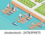 Three-dimensional isometric view showcasing marina pier sailboat and yacht harbor vector illustration