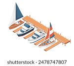 Three-dimensional isometric view showcasing marina pier sailboat and yacht harbor vector illustration isolated on white background