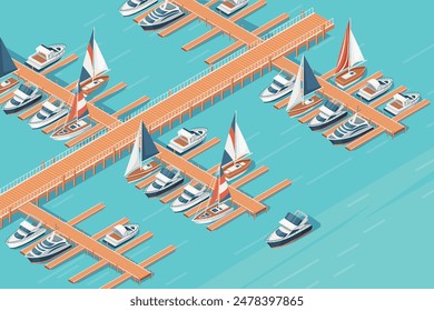 Three-dimensional isometric view showcasing marina pier sailboat and yacht harbor vector illustration