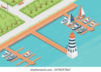 Three-dimensional isometric view showcasing marina pier sailboat and yacht harbor vector illustration