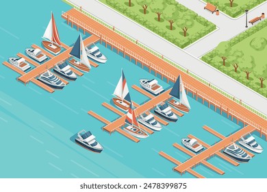 Three-dimensional isometric view showcasing marina pier sailboat and yacht harbor vector illustration