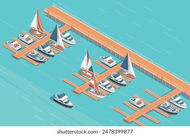 Three-dimensional isometric view showcasing marina pier sailboat and yacht harbor vector illustration