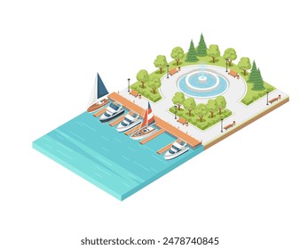 Three-dimensional isometric view showcasing marina pier sailboat and yacht harbor vector illustration isolated on white background