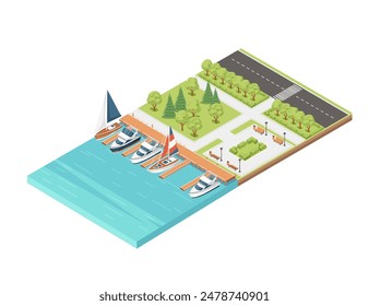 Three-dimensional isometric view showcasing marina pier sailboat and yacht harbor vector illustration isolated on white background