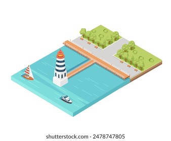 Three-dimensional isometric view showcasing marina pier sailboat and yacht harbor vector illustration isolated on white background